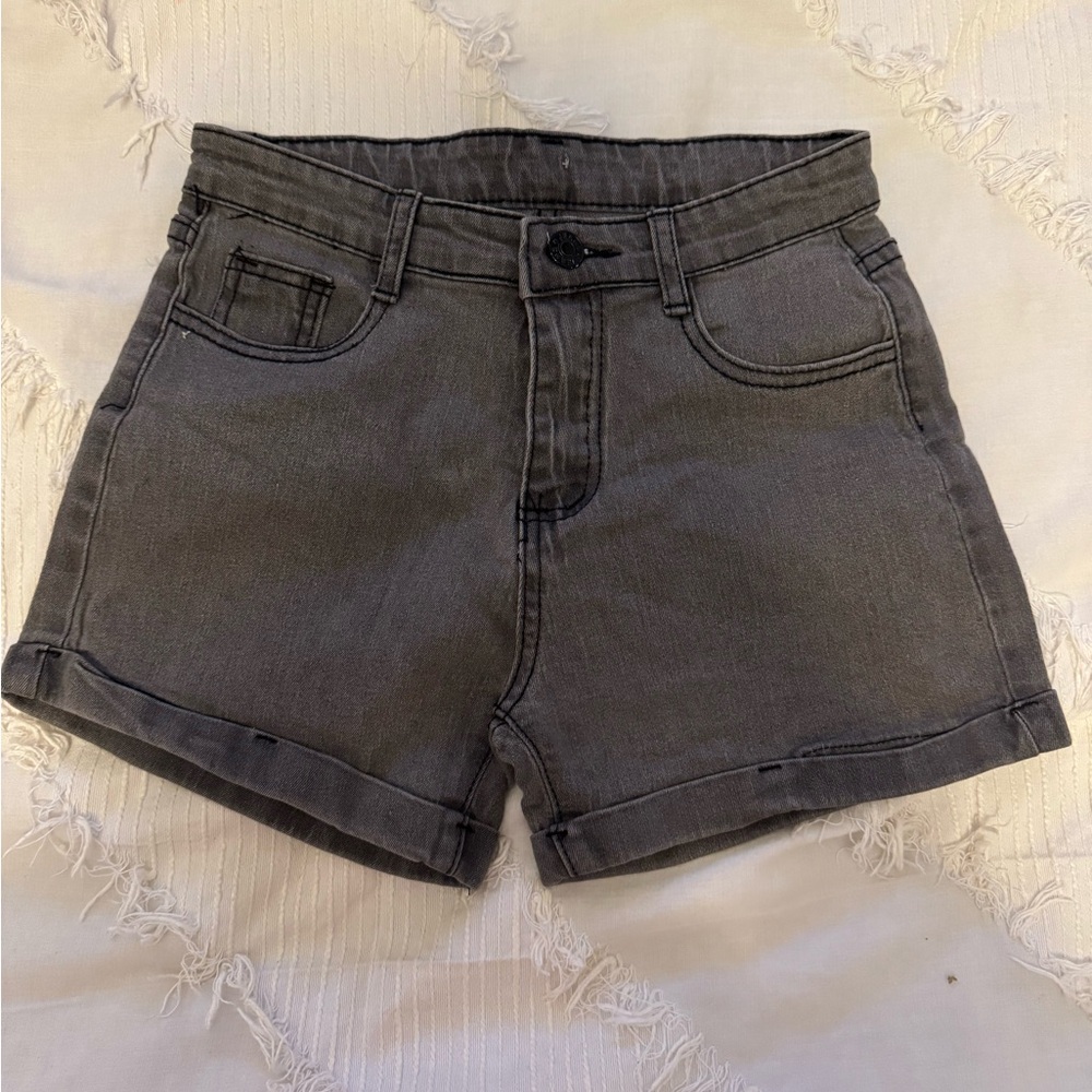Gray Jean Shorts with Distressed Look and Cuffed Hems